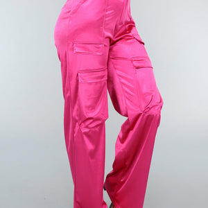 NEW1402 Roze Wide Leg Satin Utility Broek