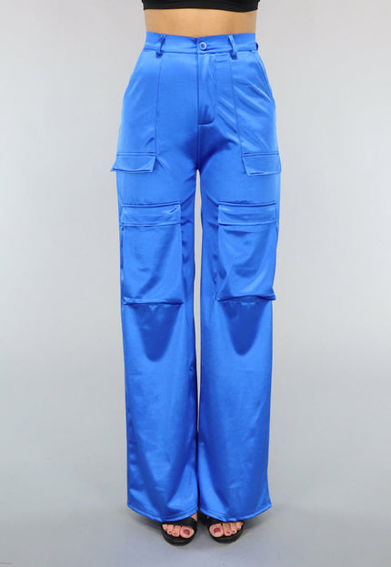 NEW1402 Satijnen Royaal Blauwe Cargo Broek