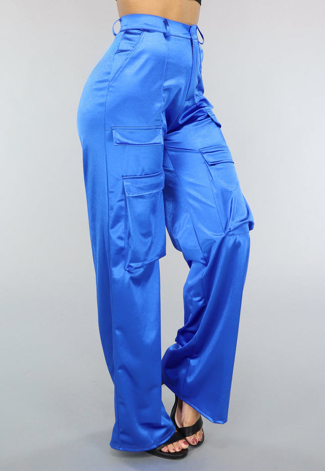 NEW1402 Satijnen Royaal Blauwe Cargo Broek