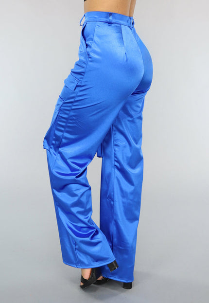 NEW1402 Satijnen Royaal Blauwe Cargo Broek