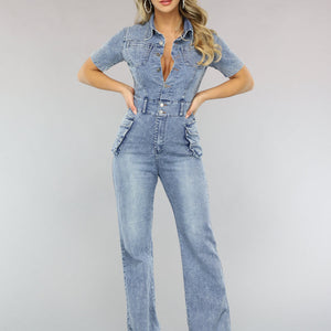 NEW1402 Shortsleeve Denim Jumpsuit met Cargo Zakken