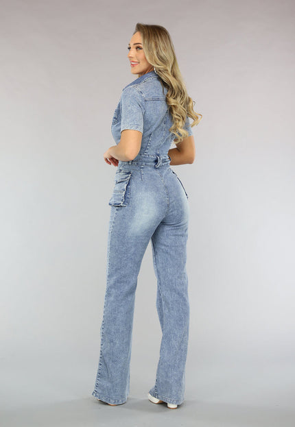 NEW1402 Shortsleeve Denim Jumpsuit met Cargo Zakken