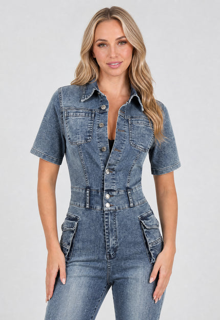 NEW1402 Shortsleeve Denim Jumpsuit met Cargo Zakken