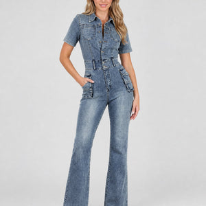 NEW1402 Shortsleeve Denim Jumpsuit met Cargo Zakken