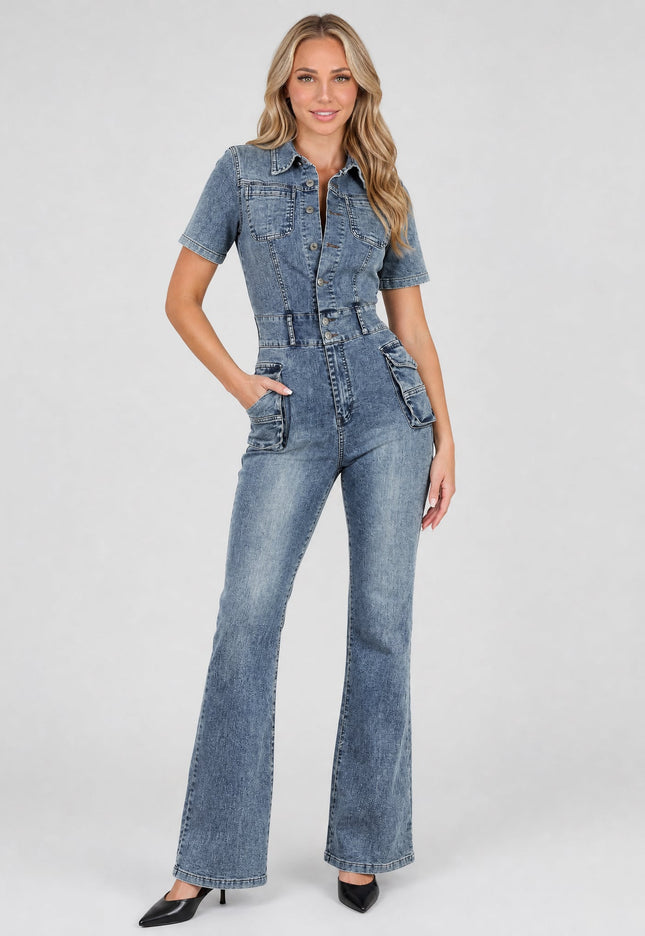 NEW1402 Shortsleeve Denim Jumpsuit met Cargo Zakken