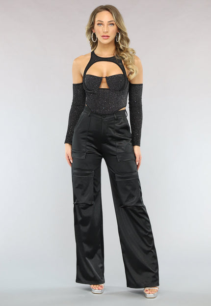 NEW1402 Zwarte Cargo in Satijnen Stof