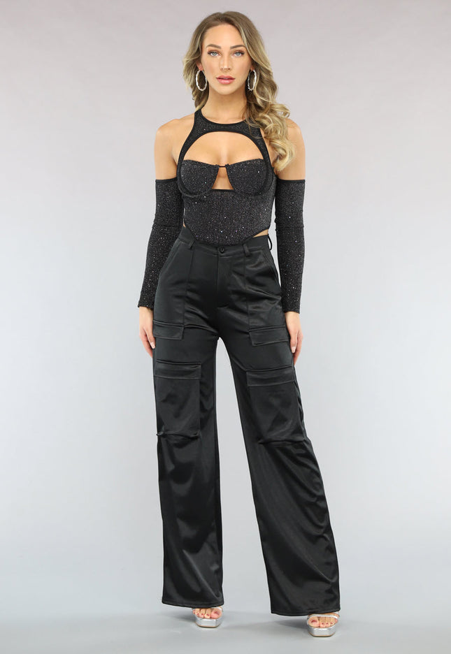 NEW1402 Zwarte Cargo in Satijnen Stof