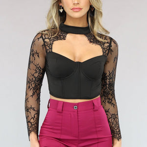 OP=OP.46.NL Zwarte Korset Top met Kanten Mouwen