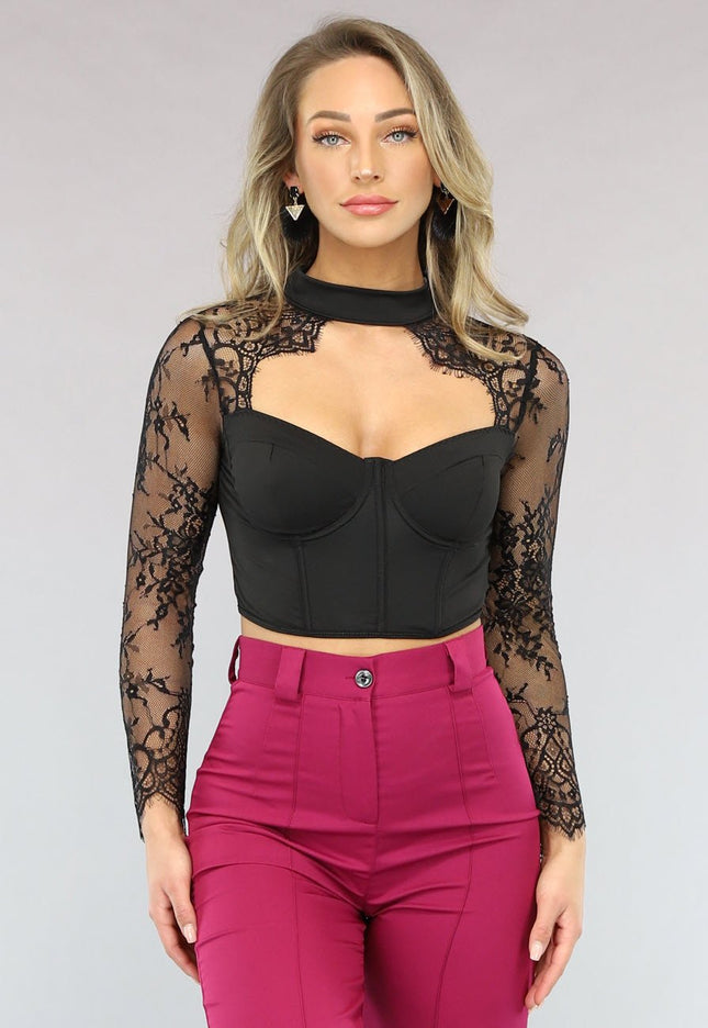 OP=OP.46.NL Zwarte Korset Top met Kanten Mouwen