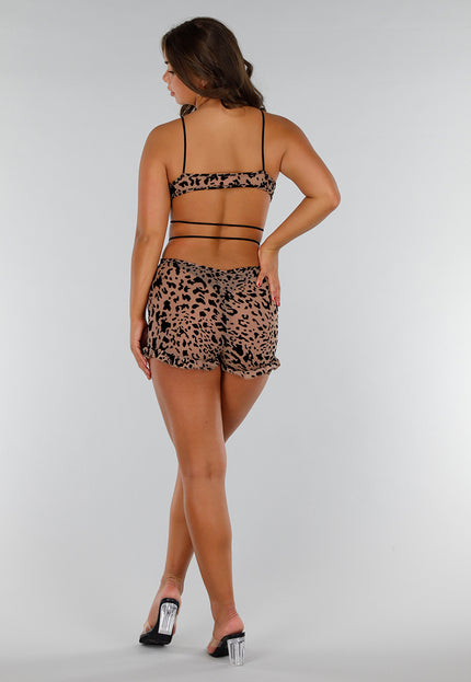 NEW140525 Beige Stretch Luipaard Mesh Playsuit met Ruffles