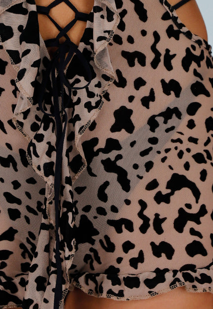 NEW140525 Beige Stretch Luipaard Mesh Playsuit met Ruffles