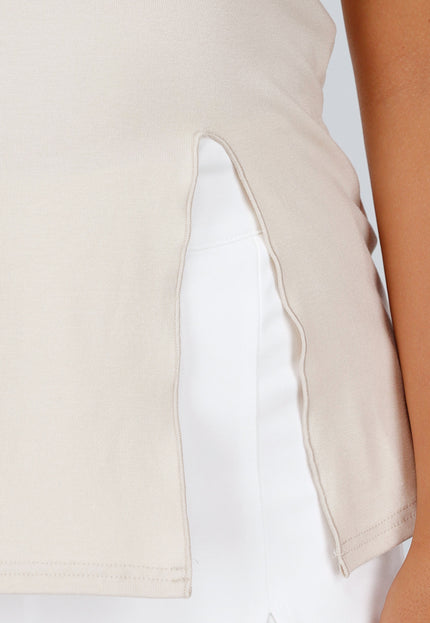 NEW140525 Beige Stretch Top met Split en Ronde Hals