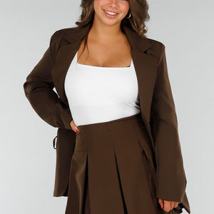 OP=OP.10.NL Bruine Blazer en Rok Set met Korsetdetails