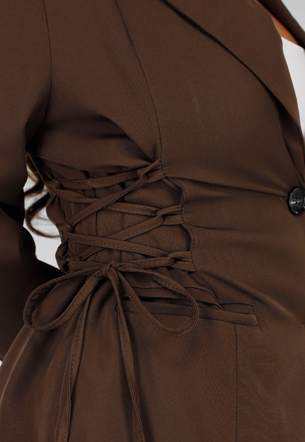 OP=OP.10.NL Bruine Blazer en Rok Set met Korsetdetails