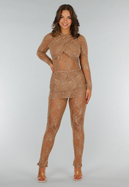 OP=OP.52.NL Bruine Stretch Jumpsuit met Kant