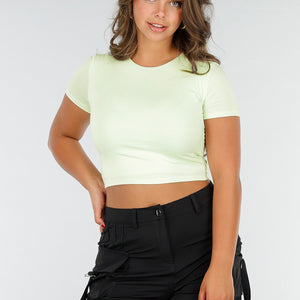 OP=OP.AV.09 Mintgroene Stretch Croptop met Korte Mouwen