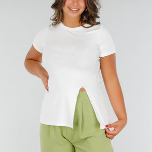 NEW140525 Witte Aansluitende Stretch Top met Split