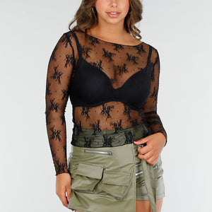 OP=OP.10.NL Zwarte Stretch Mesh Top met Lange Mouwen en Print