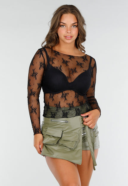 OP=OP.10.NL Zwarte Stretch Mesh Top met Lange Mouwen en Print