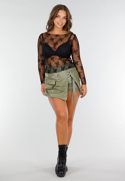 OP=OP.10.NL Zwarte Stretch Mesh Top met Lange Mouwen en Print