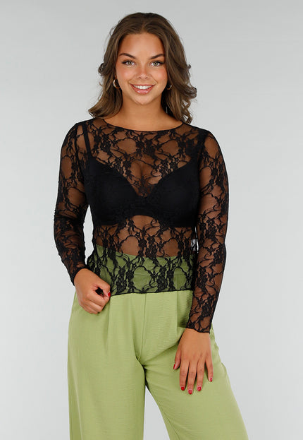 Zwarte Stretch Top met Kant en Bloemenpatroon