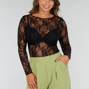 Zwarte Stretch Top met Kant en Bloemenpatroon