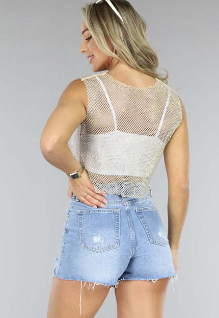 NEW1406 Beige Fishnet Glitter Tank Top