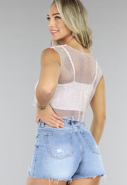 NEW1406 Lichtroze Fishnet Glitter Tank Top