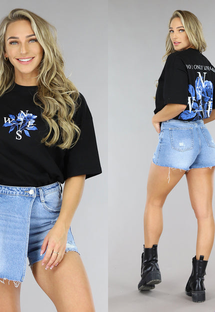 NEW1406 Zwart T-Shirt met Rozen Print