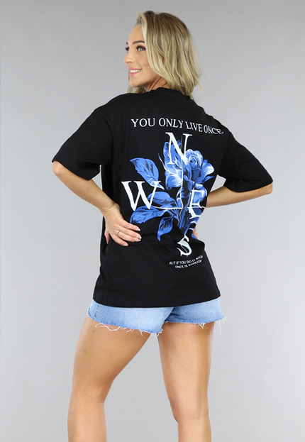 NEW1406 Zwart T-Shirt met Rozen Print