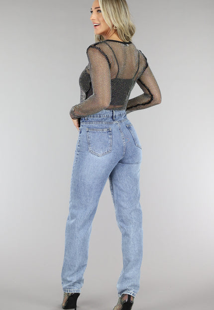 NEW1406 Zwarte Longsleeve Fishnet Strass Top