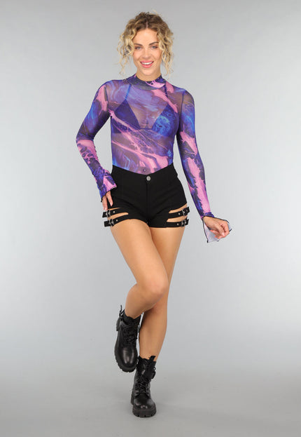 OP=OP.05.NL Paarse Longsleeve Mesh Top met Split