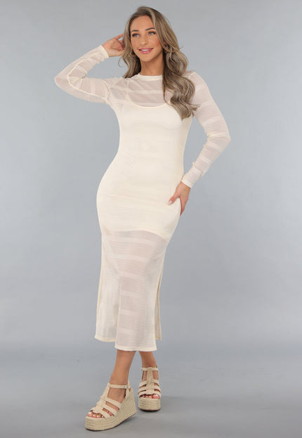 NEW150125 Beige Jurk met Structuur en Onderjurk