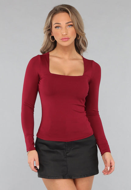 NEW150125 Elastische Burgundy Top met Lange Mouwen