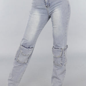 OP=OP.38.NL Tall Blauwe Denim Cargo Jeans met Overslag Taille