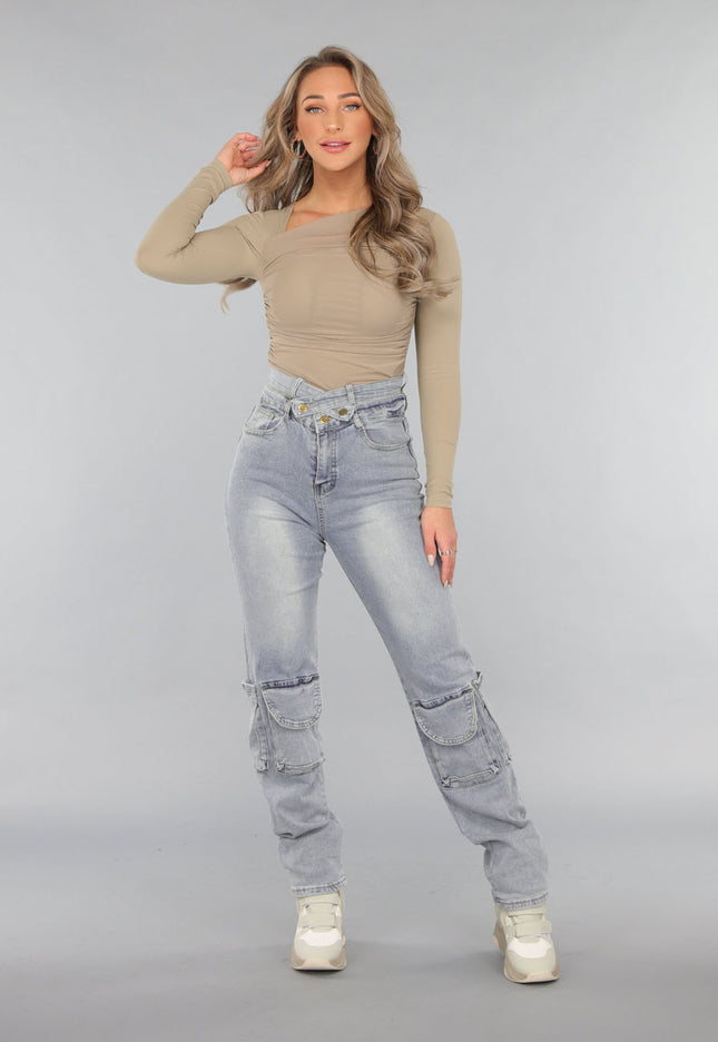 OP=OP.38.NL Tall Blauwe Denim Cargo Jeans met Overslag Taille