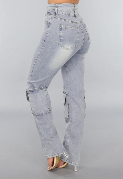 OP=OP.38.NL Tall Blauwe Denim Cargo Jeans met Overslag Taille