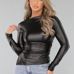 OP=OP.02.NL Zwarte Longsleeve Geplooide Lederlook Top
