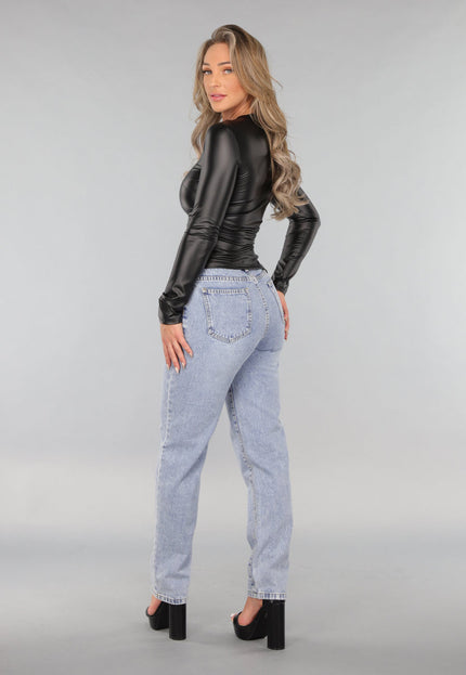OP=OP.02.NL Zwarte Longsleeve Geplooide Lederlook Top