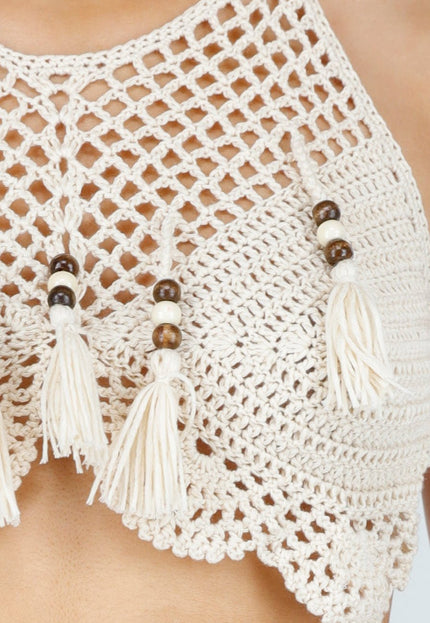NEW150426 Beige Gehaakte Halter Top met Kwastjes