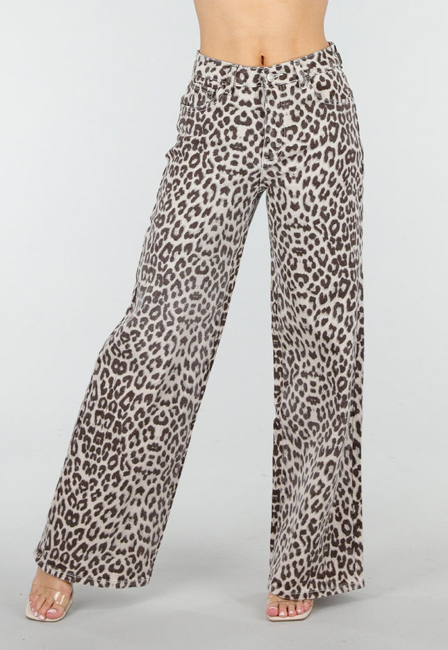 NEW150426 Beige Wide Leg Leopard Denim Jeans