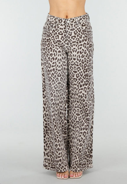 NEW150426 Beige Wide Leg Leopard Denim Jeans