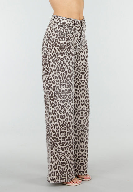 NEW150426 Beige Wide Leg Leopard Denim Jeans