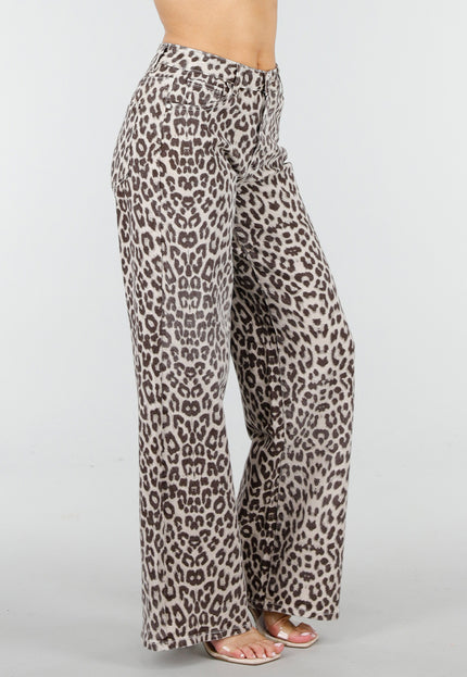 NEW150426 Beige Wide Leg Leopard Denim Jeans