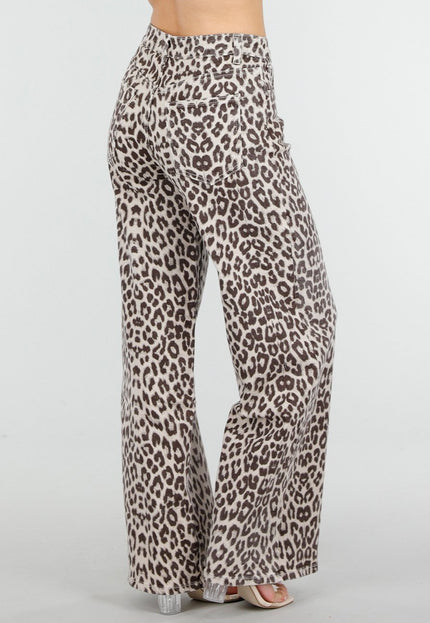 NEW150426 Beige Wide Leg Leopard Denim Jeans