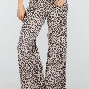 NEW150426 Beige Wide Leg Leopard Denim Jeans