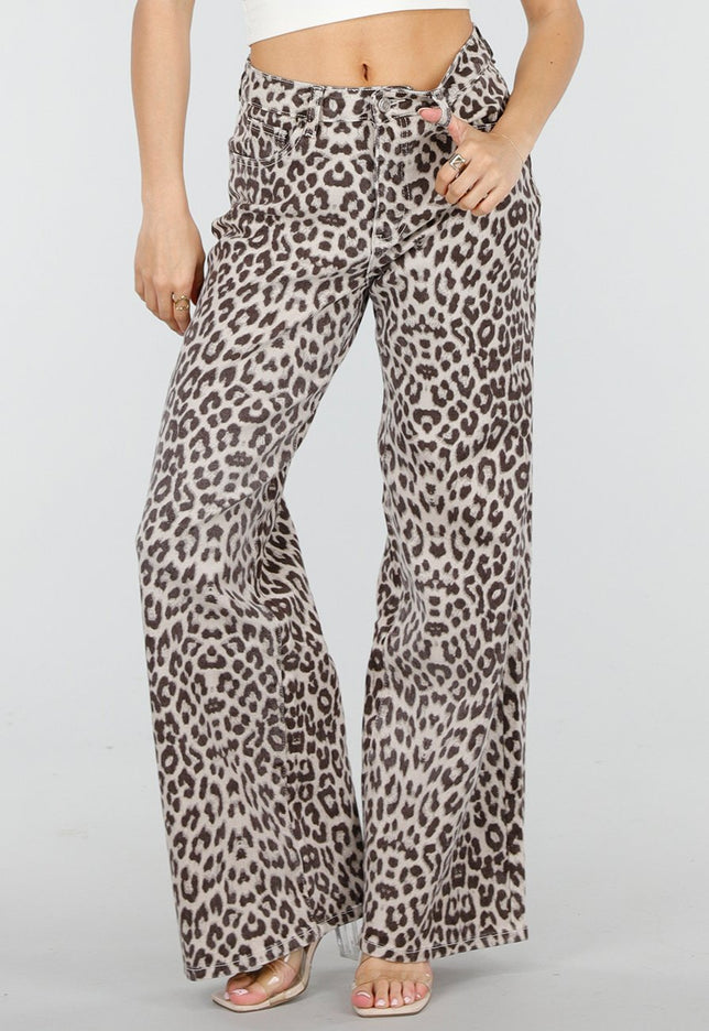 NEW150426 Beige Wide Leg Leopard Denim Jeans