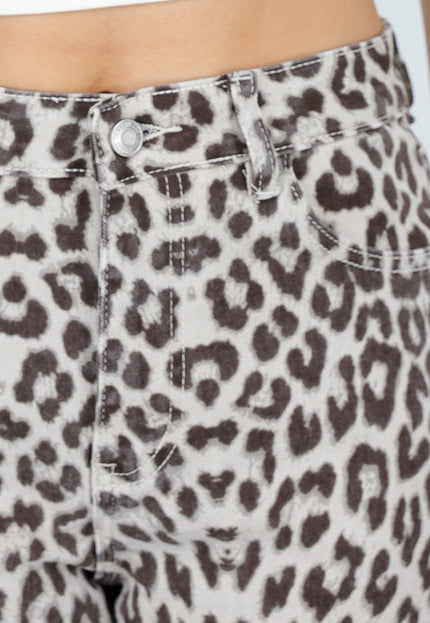 NEW150426 Beige Wide Leg Leopard Denim Jeans