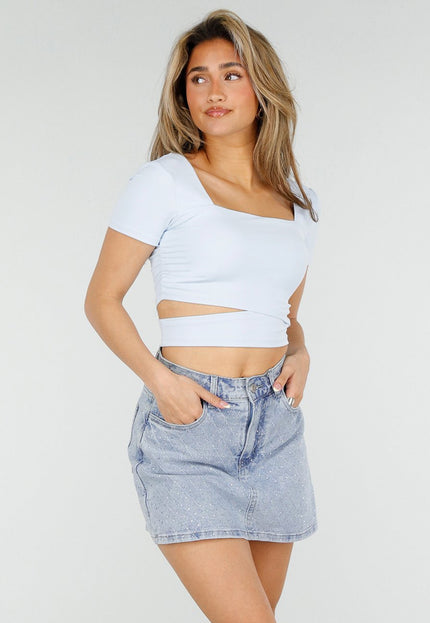 NEW150426 Blauwe Denim Skort met Strass Details