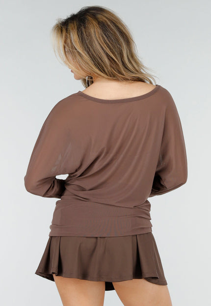 NEW150426 Bruine Mesh Top met Lange Mouwen